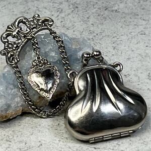 Vintage Pill Purse Brooch Heart Pin Ornate Change Coin Silvertone Chain Unique